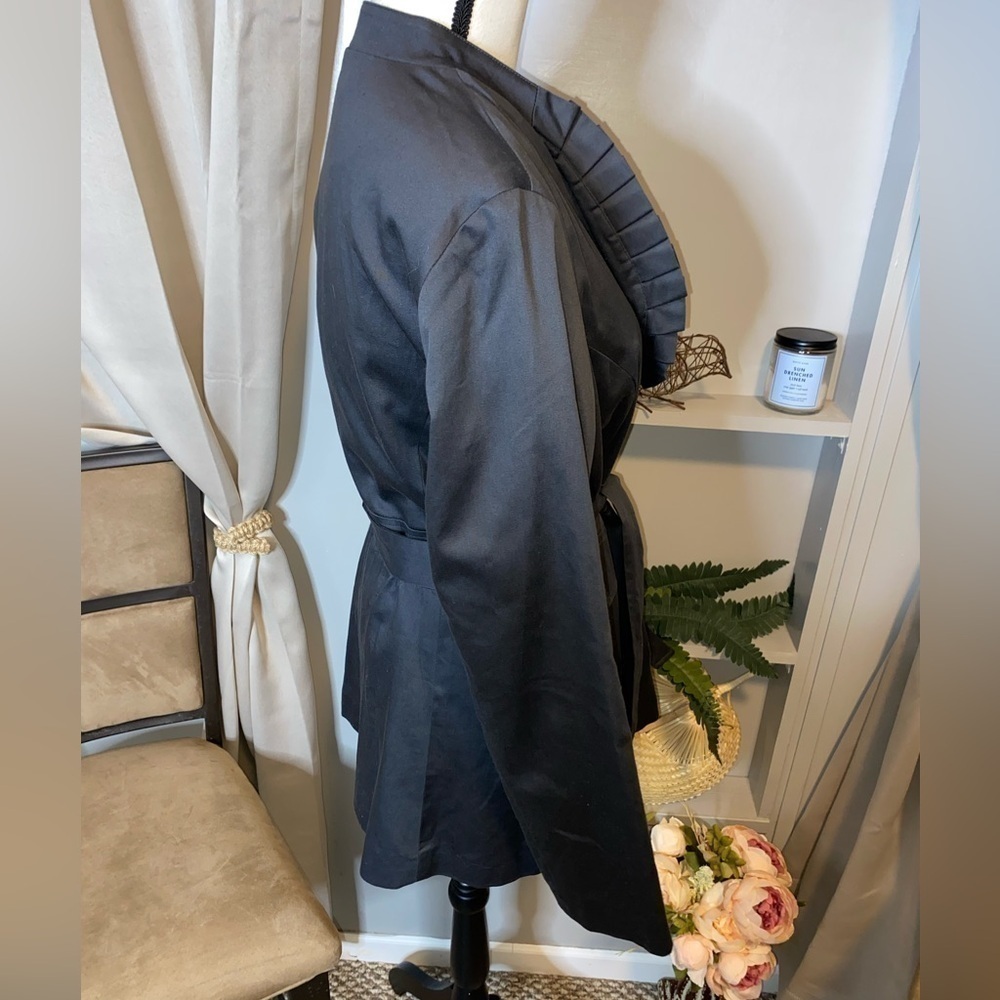 Blue Medium Ruffle Tie Waist Button Women’s Trench Coat Jacket GUC Faux Pockets - Picture 4 of 12